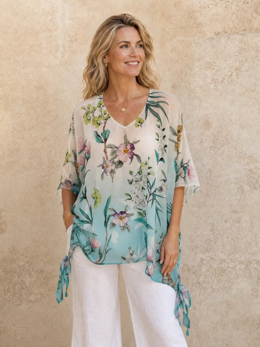Colleen Lopez Sheer Floral Poncho Blouse Medium Aqua Botanical Tie Hem NWOT